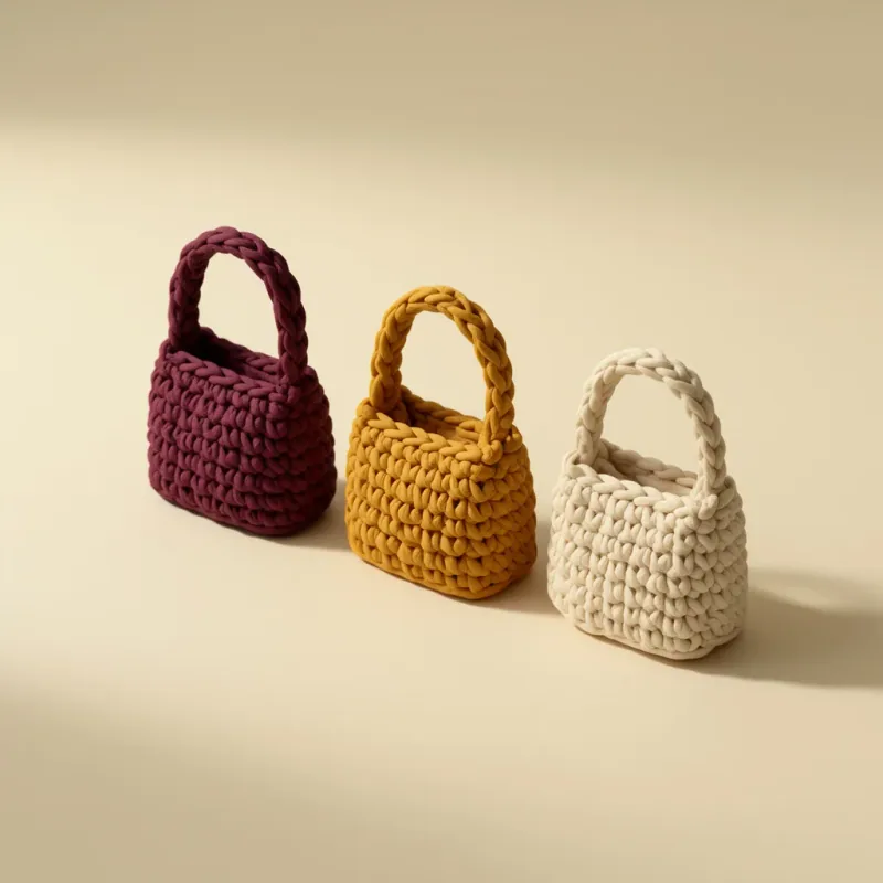 Ilustração 3D de três bolsas de crochê coloridas